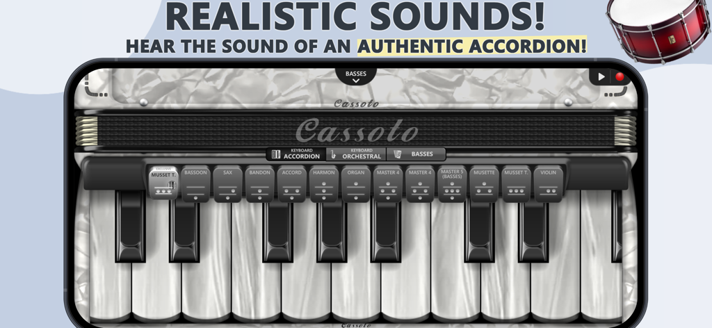 Interfaz digital de Accordion Piano Cassotto mostrando un teclado realista y varios ajustes de sonido