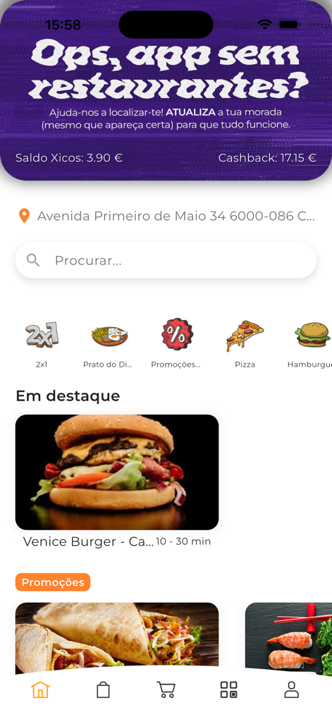 Xicos - Xicos food delivery app interface showing featured burgers and food categories