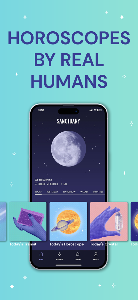 Sanctuary app home screen displaying daily horoscopes and astrological insights by real humans
