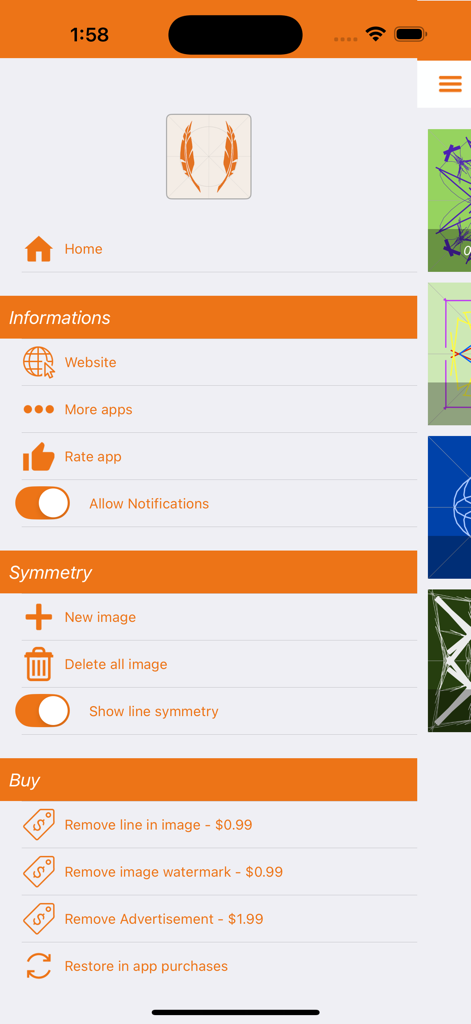 Settings and features menu for the Fx Symmetry creative design app.