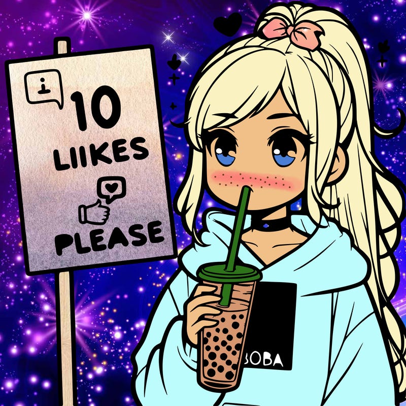 girl with a high ponytail and a hoodie drinking boba staring at a sign saying 10 likes please