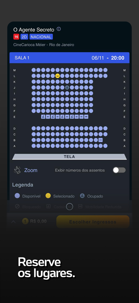 Schermata di selezione dei posti per un biglietto del cinema nell'app Ingresso.com.