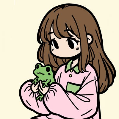girl with long hair and a oversized shirt. and she is holding a frog