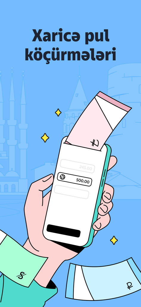 m10 — Digital Wallet - Illustration of a hand holding a smartphone showing international money transfer options with various currency symbols.