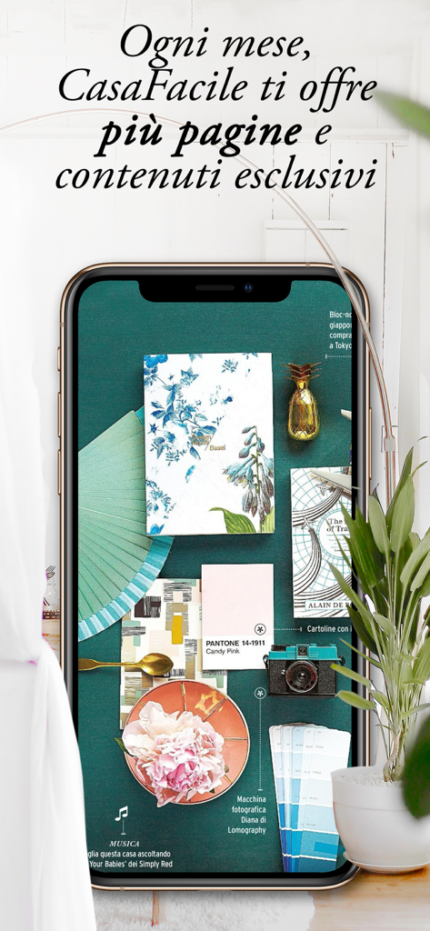 CasaFacile - A smartphone showing the CasaFacile app with stylish interior design layouts and color swatches