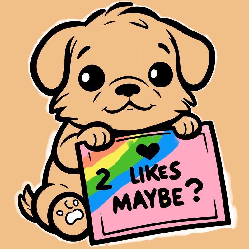 a puppy holding a sign that says 2 likes maybe?