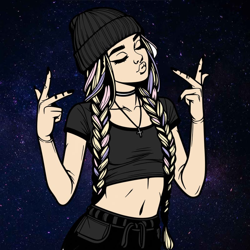 realistic teenage girl with braids and a beanie and crop top doing 🫶🏼