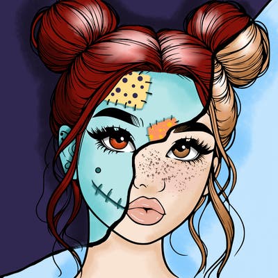 realistic girl with two buns on her hair and lips