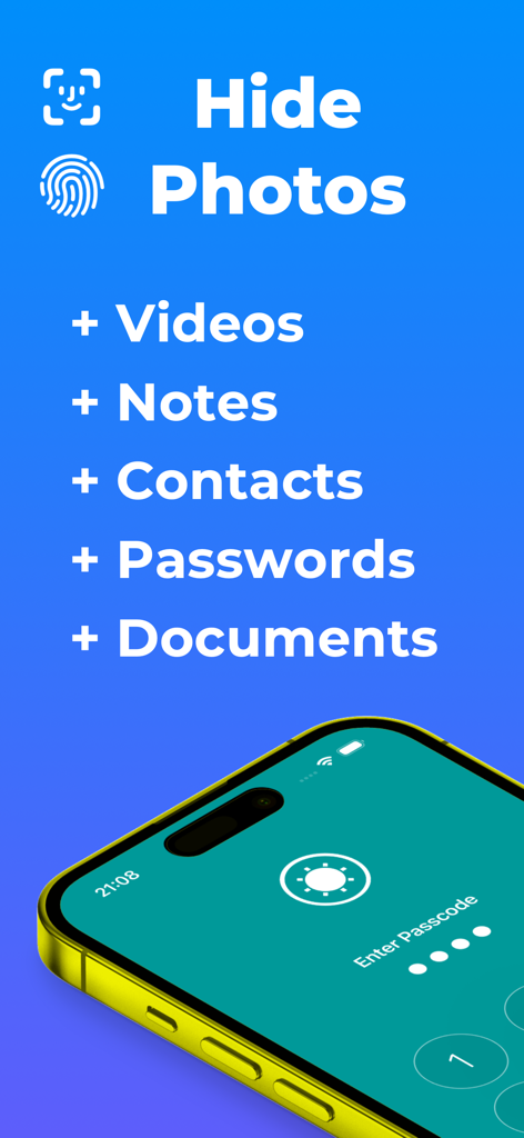 Secure Folder app screen listing features to hide photos videos notes contacts passwords and documents with biometric security