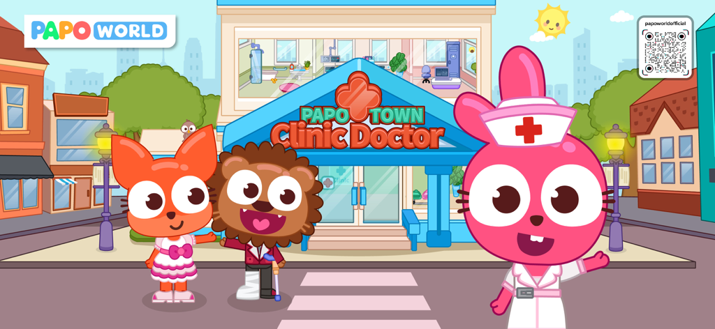Papo Town Clinic Doctor - Pink bunny nurse and animal characters in front of the Papo Town Clinic Doctor hospital building