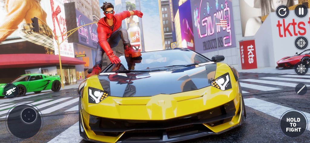 Amazing Rope Hero Spider Games - オープンワールドの街の黄色いスポーツカーにしゃがみ込む赤いパーカーのスーパーヒーロー。