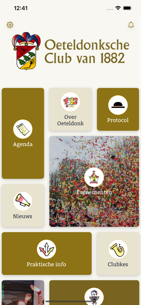 Oeteldonk - Main menu of the Oeteldonk app featuring sections for agenda news events and practical carnival information