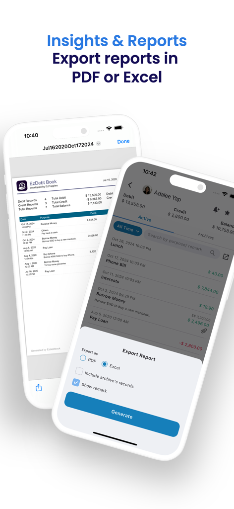 EzDebt Book - Debt Manager - Interface of EzDebt Book app showing financial reports and export options for PDF and Excel