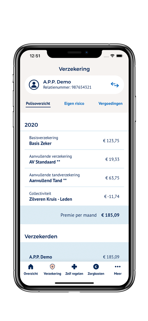 Zilveren Kruisモバイルアプリケーション内の健康保険契約と月額保険料の詳細ビュー
