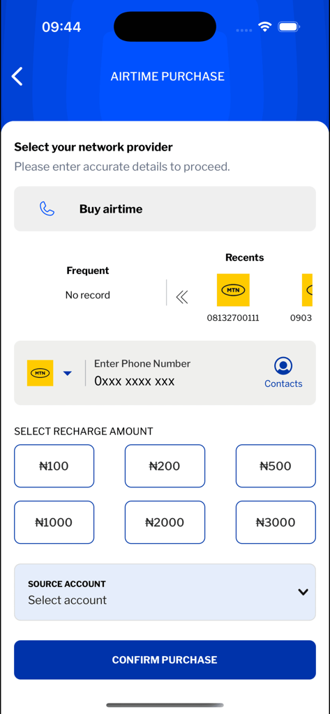 Airtime purchase screen on Stanbic IBTC Mobile 3.0 app showing network selection and recharge amounts in Naira