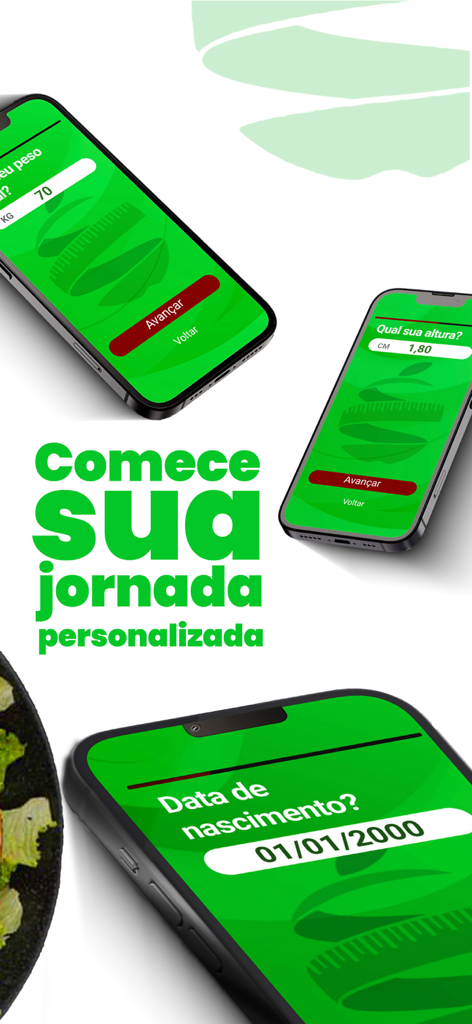 Emagrece Fácil - Screenshots of the Emagrece Facil weight loss app showing setup screens for a personalized journey