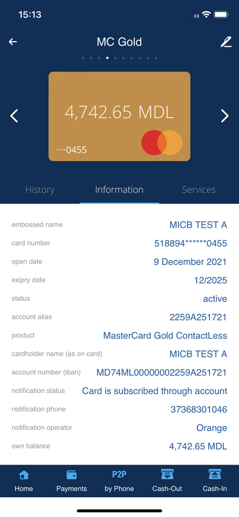 Pantalla que muestra los detalles de la tarjeta MasterCard Gold, incluido el saldo en MDL e información de la cuenta en la aplicación MICB Mobile Banking.