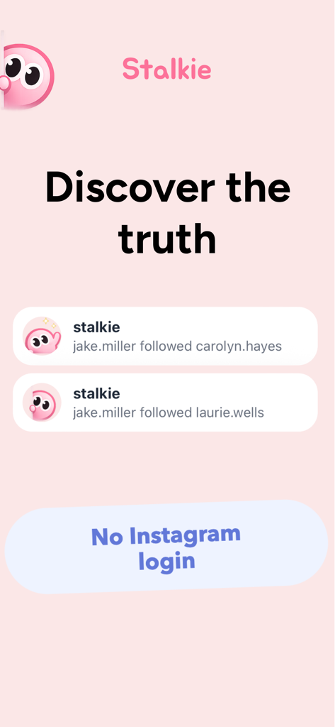 Stalkie app screenshot showing push notifications for follower activity and no login required message