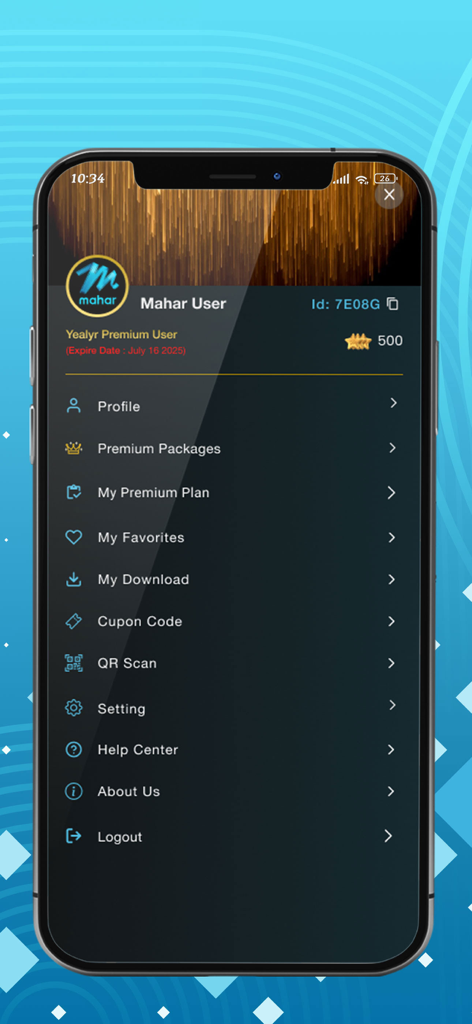 User profile and settings menu screen of the Mahar Mobile app displaying account options and premium status.