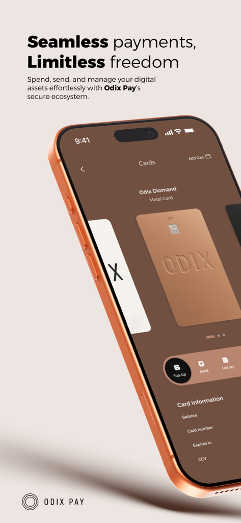 Pantalla de un smartphone mostrando la aplicación Odix Pay con una tarjeta fintech metálica premium y opciones de pago
