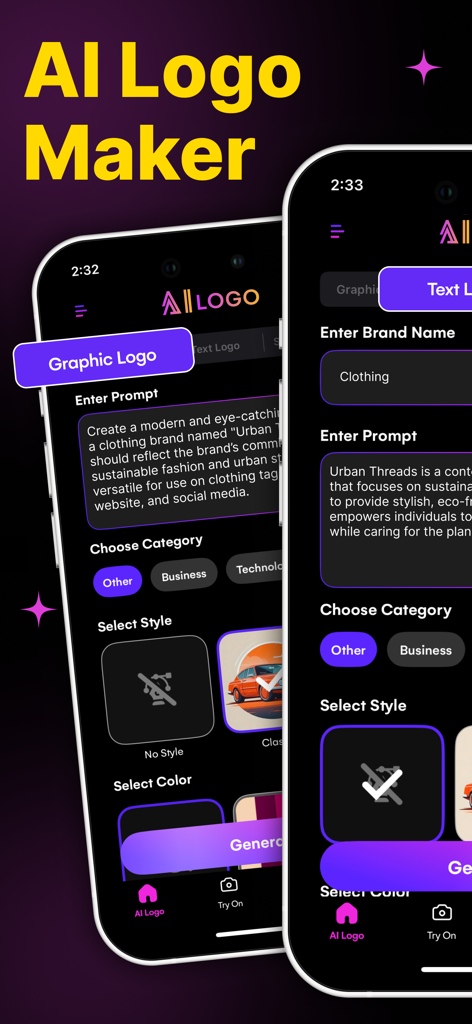 AI Logo Generator & Maker App - Smartphone-Bildschirme, die die Benutzeroberfläche der KI Logo Maker App mit Logo-Design-Aufforderungen und Stiloptionen zeigen