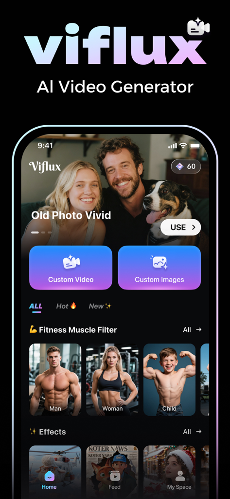 Viflux - AI Photo & AI Video - Viflux app home screen featuring AI video and image creation tools and trending fitness filters.