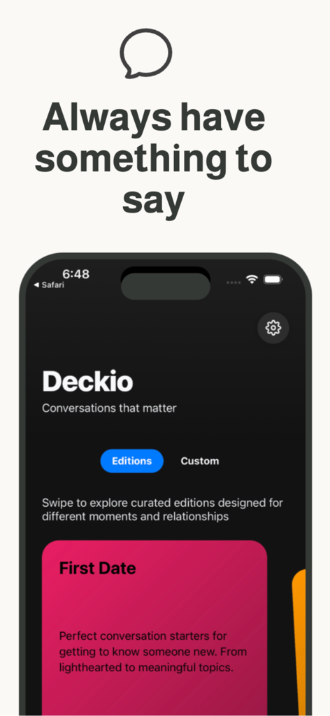 Deckio - Conversation Cards - Deckio app interface showing conversation starters for a first date