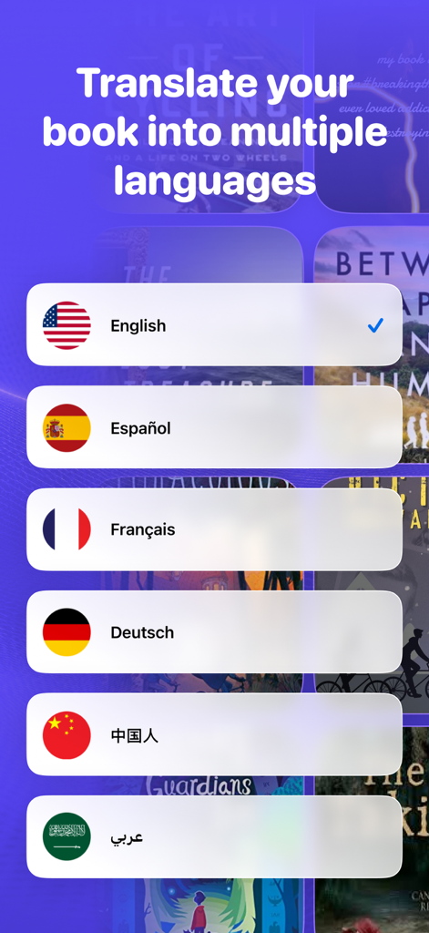 Soundbook Audio: Books & Music - Soundbook Audio app interface showing book translation options into multiple languages like English Spanish and French