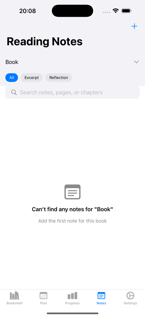 Libriasio - The reading notes section of the Libriasio app showing an empty state with search and filter options.