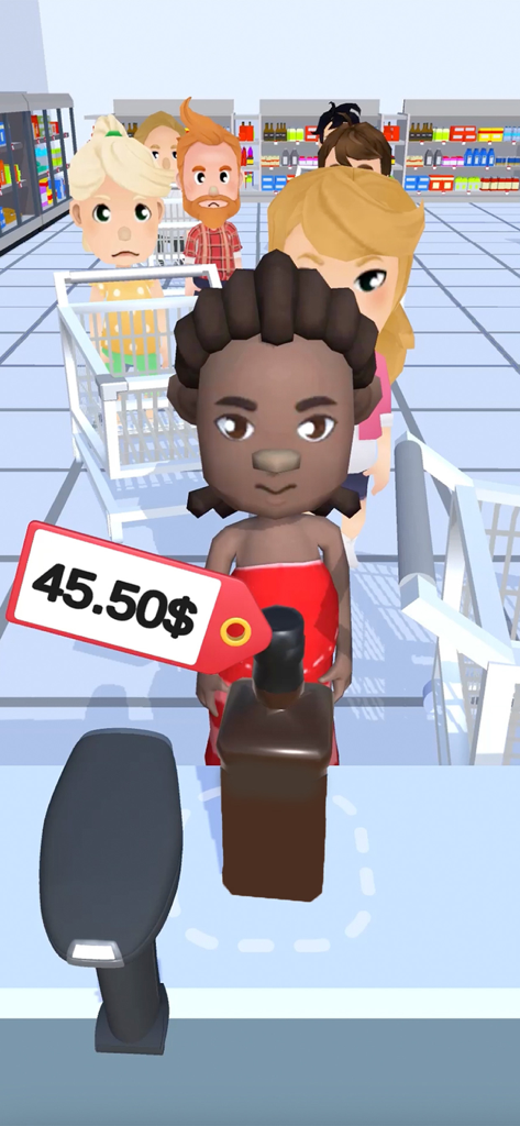 Scanning a bottle at the supermarket checkout with customers waiting in line in Hypermarket 3D