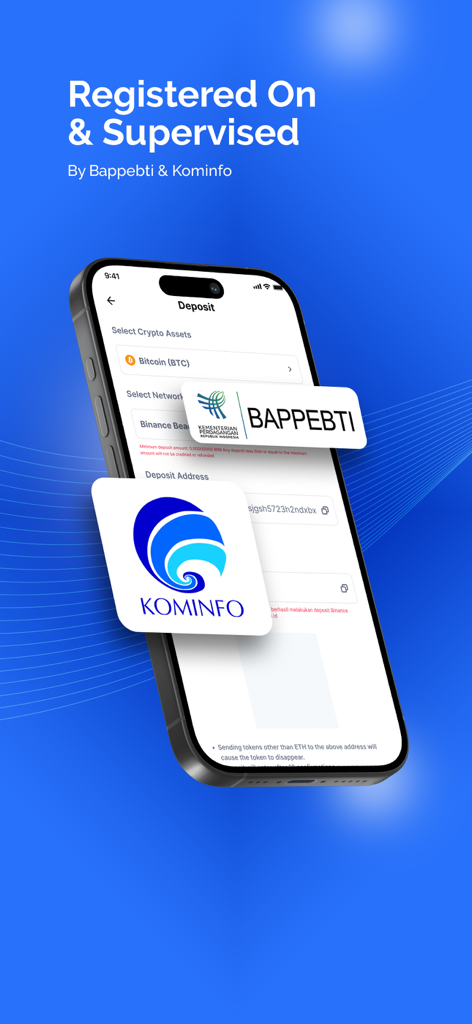 digitalexchangeid - Smartphone screen showing digitalexchangeid app is registered and supervised by Bappebti and Kominfo