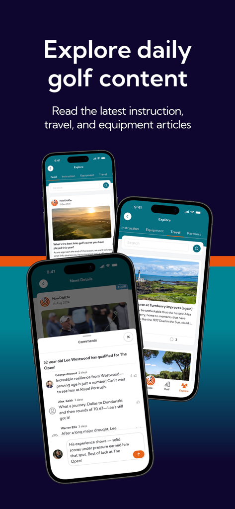 HowDidiDo - Screenshot dell'app HowDidiDo che mostrano articoli di notizie sul golf e commenti della community