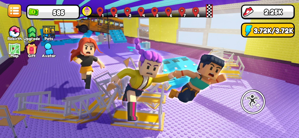 +1 Speed Escape challenges - Blocky characters running and jumping through a 3D school-themed obstacle course with game UI elements