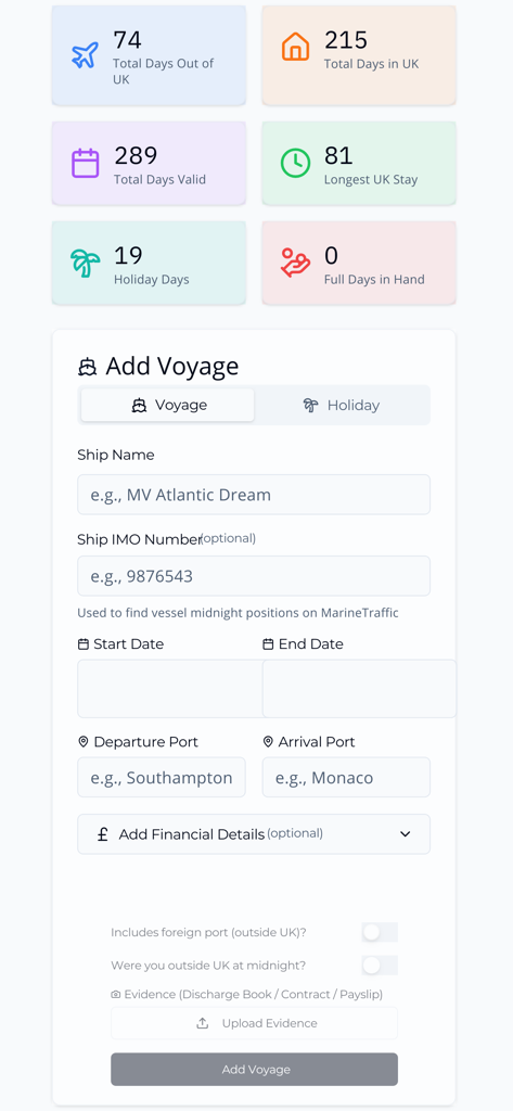 SeaDays - Seafarer Tracker - Dashboard of the SeaDays app showing sea time statistics and a form to add a new voyage with ship name and port fields