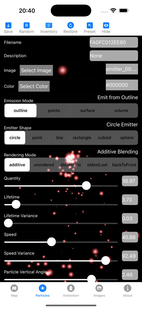 Interfaccia dell'app Universe Particle che mostra le impostazioni per la forma dell'emettitore della modalità di emissione e cursori per la fisica delle particelle come velocità e quantità.