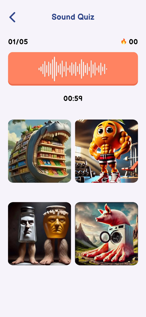 Italian Brainrot Quiz: Sounds - Un écran de quiz sonore de l'application montrant une forme d'onde audio et quatre choix d'images mèmes surréalistes.
