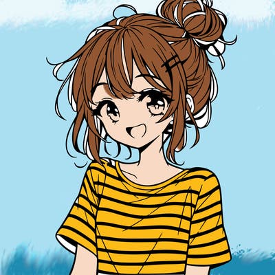 anime girl teenager striped shirt and smile and messy bun