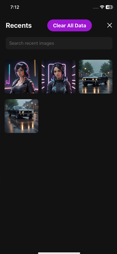 Speech To Image AI Generator - Tela da galeria de recentes mostrando avatares gerados por IA e imagens de carros clássicos.