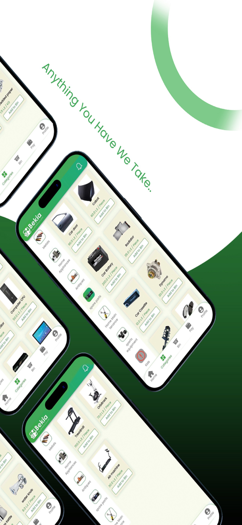 Bekia - Telas do aplicativo Bekia exibindo vários itens domésticos para troca de reciclagem