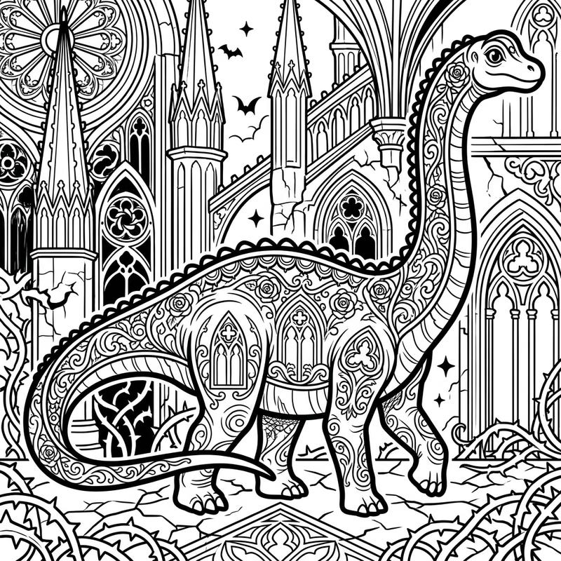 Step into a world where ancient giants meet dark elegance with our Mamenchisaurus Gothic coloring page. This intricate design invites you to bring life to a dinosaur adorned with Victorian lace amidst dramatic gothic architecture.