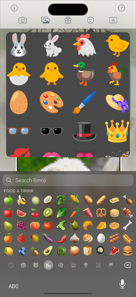 Happy Easter • Greeting cards - Easter greeting card app interface with sticker selection and emoji keyboard