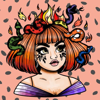 a plus size girl with short hair and snakes coming off her head like medusa, and flames in her eyes, beautiful and realistic