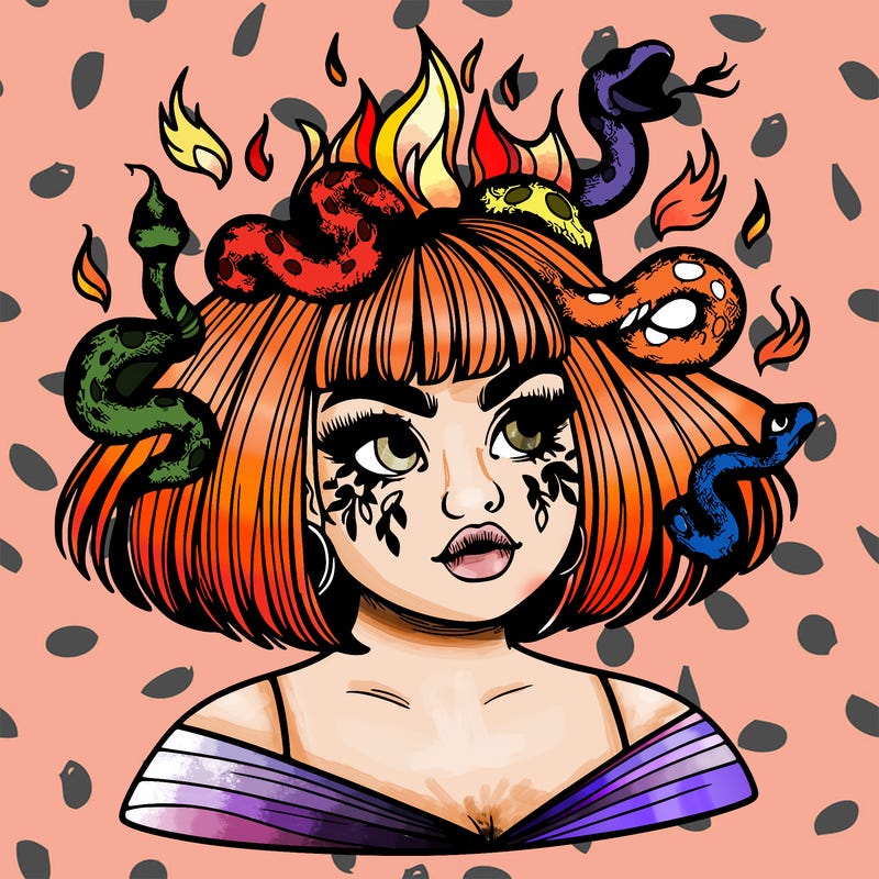 a plus size girl with short hair and snakes coming off her head like medusa, and flames in her eyes, beautiful and realistic