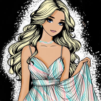 realistic girl in flowy silky prom dress