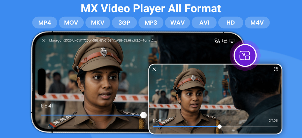 MX Video Player – All in One - MX Video Player app interface showing support for multiple formats and picture in picture feature