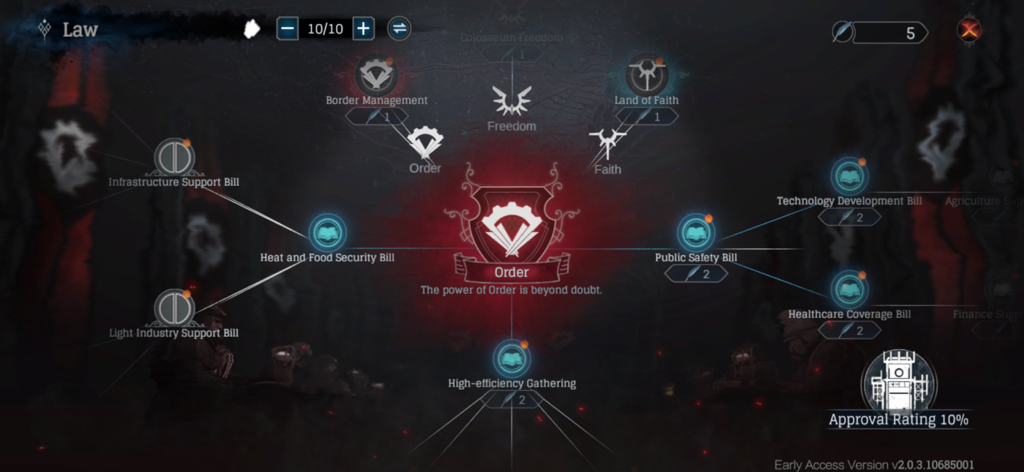 The Law tree and Order path interface in the Frostpunk Beyond the Ice strategy game.