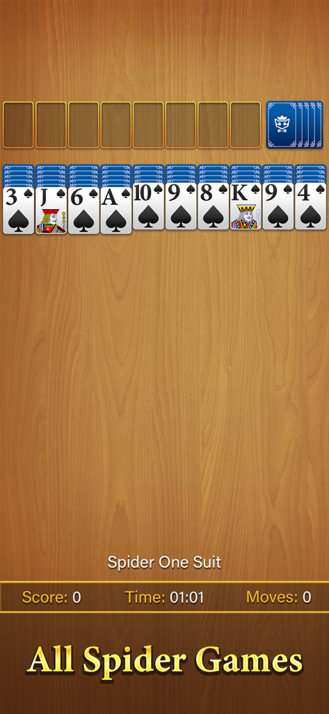 Spider Solitaire Card Games · - Classic Spider Solitaire gameplay with easy to read cards and a wooden background.