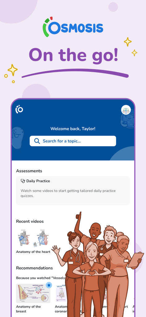 Osmosis Nursing app mobile interface featuring study assessments and anatomy video recommendations