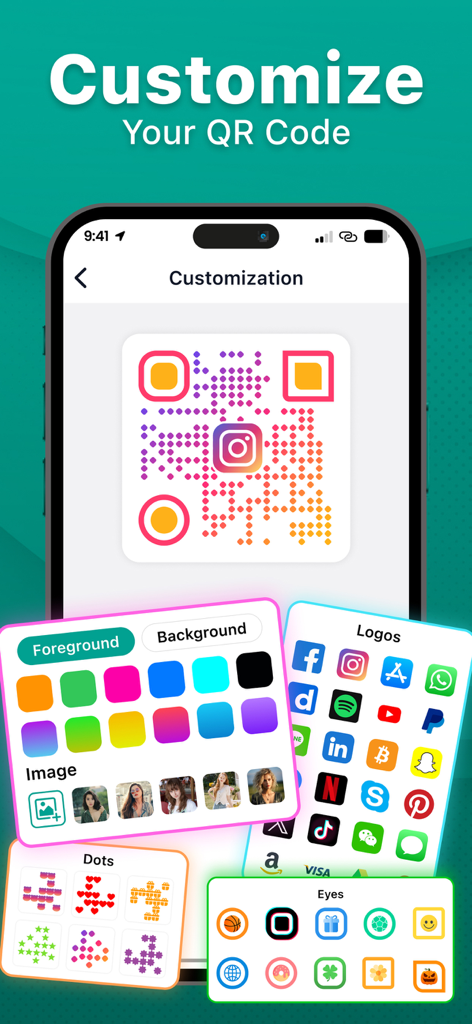 QR Code Reader & Scanner Pro - Interfaccia di un'app mobile per la personalizzazione di codici QR con sfumature colorate, loghi di social media e motivi personalizzati