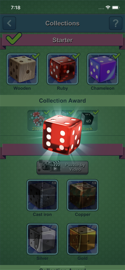 Dice-n-Roll online Yatzy - Menu showing various collectible dice skins including wooden ruby and silver options